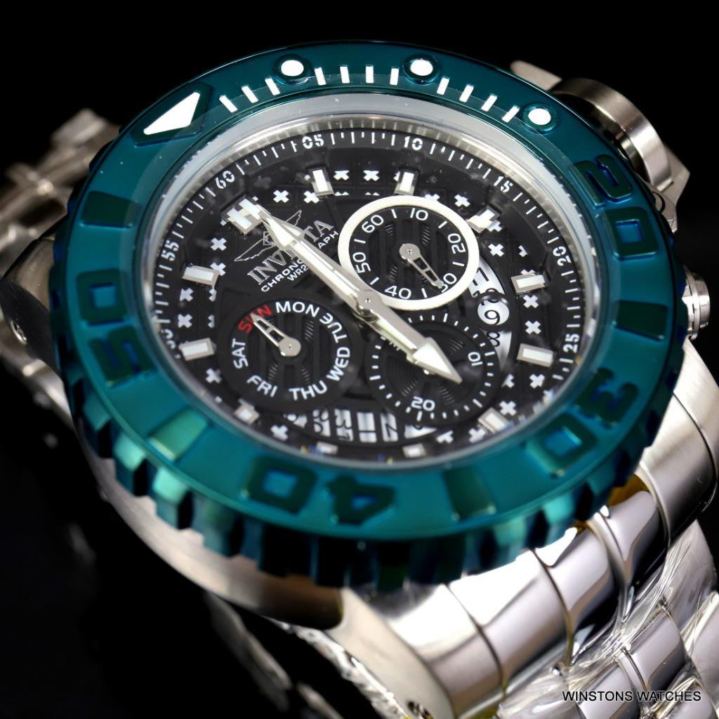 Invicta Sea Hunter II 70mm Black Chronograph Green Swiss Mvt Steel Watch New