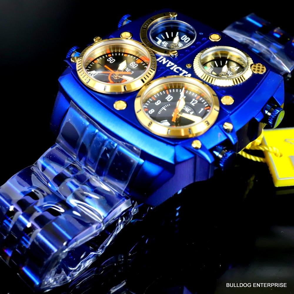 Invicta Aviator Zulu Blue Stainless Steel Bracelet Quad Time 50mm Watch New