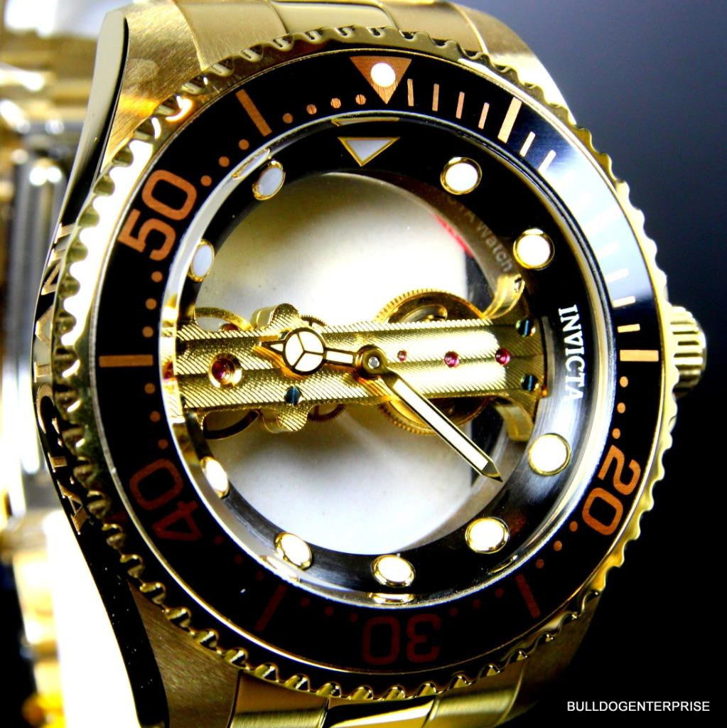 Invicta Pro Diver Ghost Bridge Mechanical Gold Plated Skeleton Black Watch New