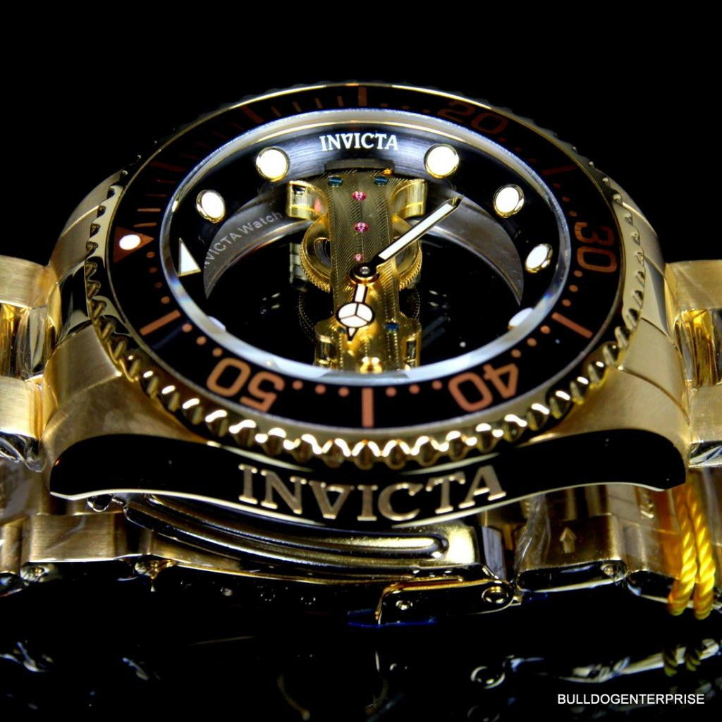 Invicta Pro Diver Ghost Bridge Mechanical Gold Plated Skeleton Black Watch New