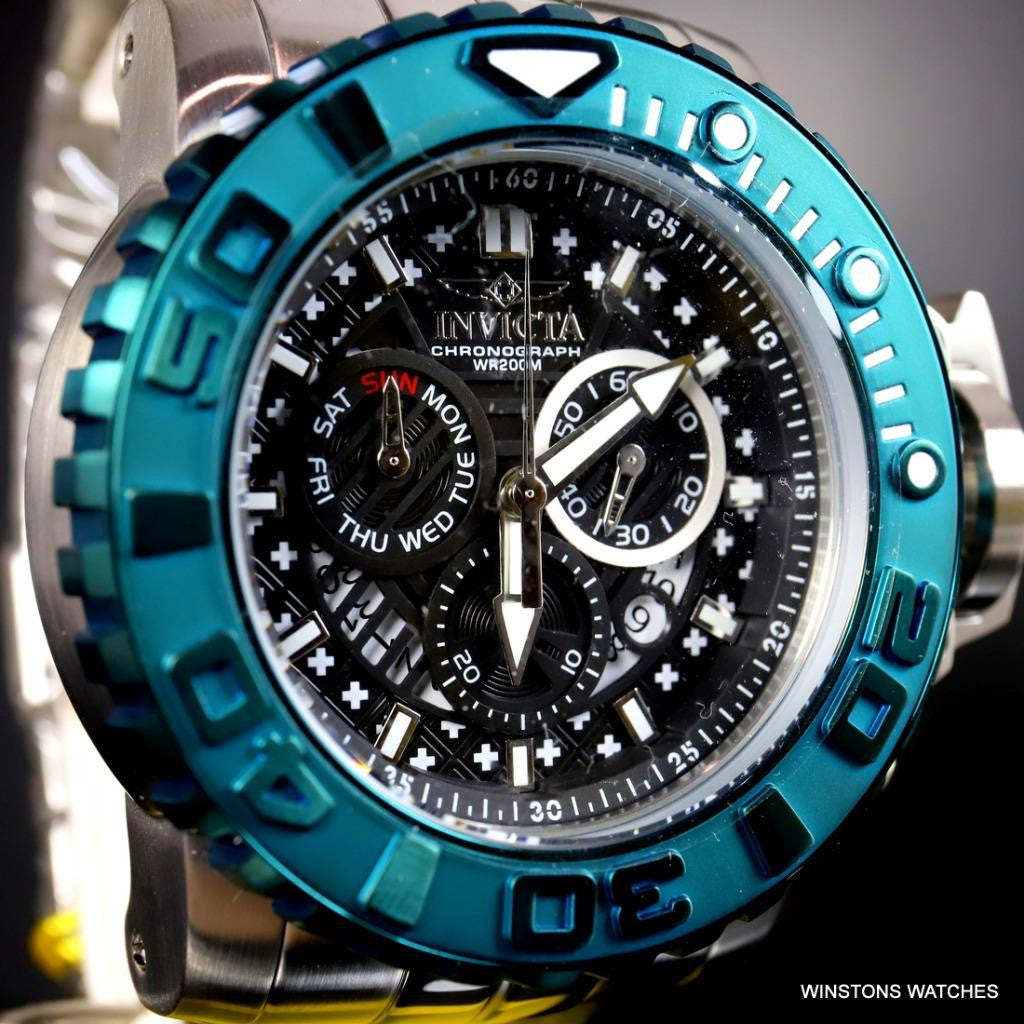 Invicta Sea Hunter II 70mm Black Chronograph Green Swiss Mvt Steel Watch New