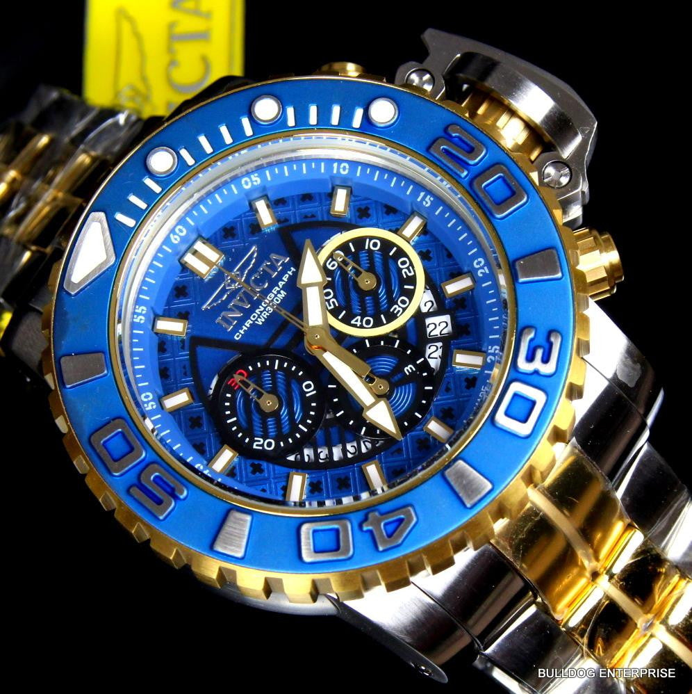 Invicta Sea Hunter III Blue 70mm Full Sized Swiss Two Tone Gold Plated Watch New
