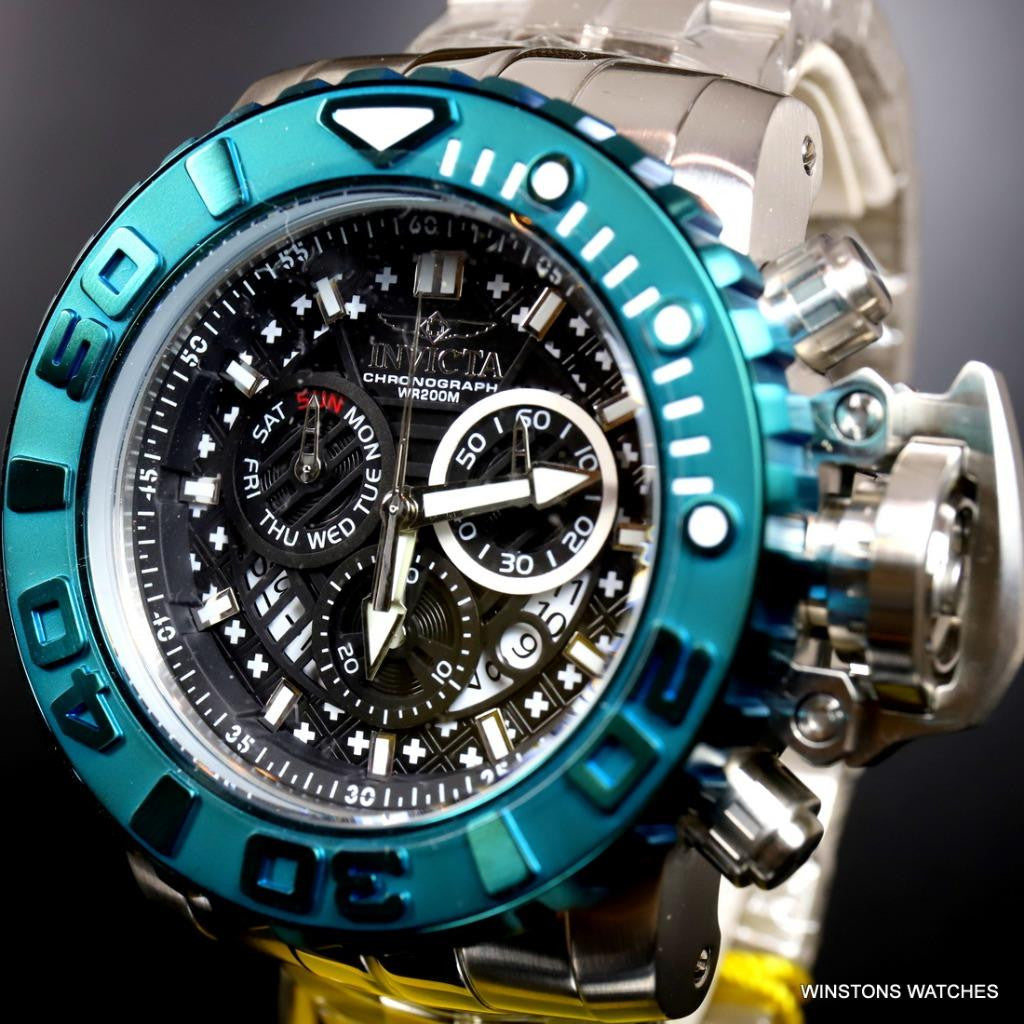 Invicta Sea Hunter II 70mm Black Chronograph Green Swiss Mvt Steel Watch New