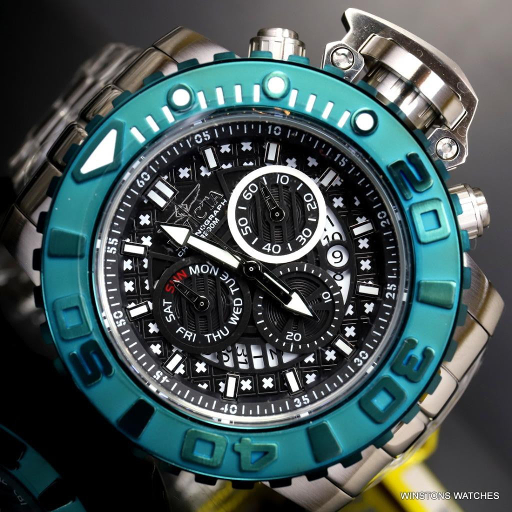 Invicta Sea Hunter II 70mm Black Chronograph Green Swiss Mvt Steel Watch New