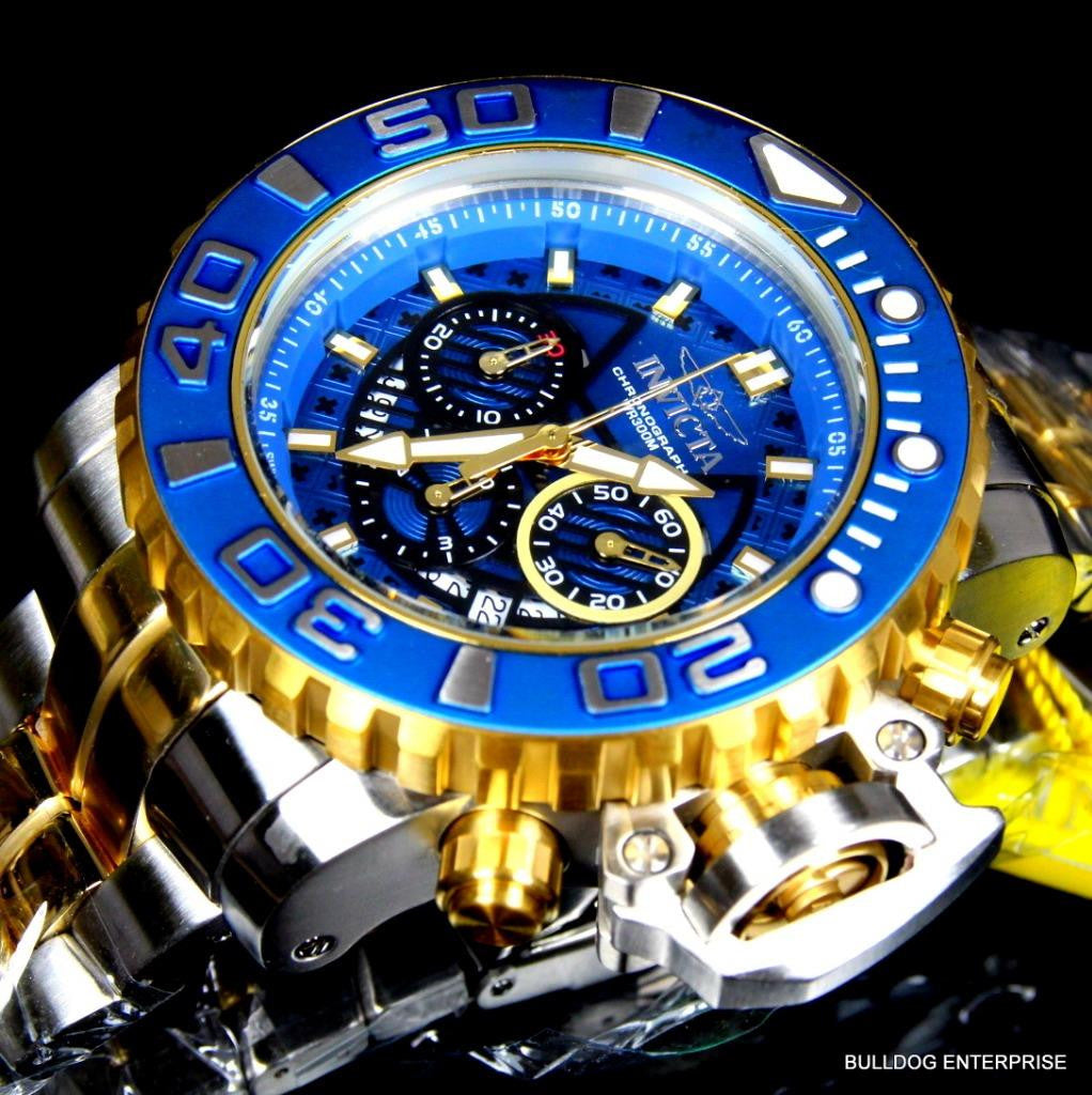 Invicta Sea Hunter III Blue 70mm Full Sized Swiss Two Tone Gold Plated Watch New