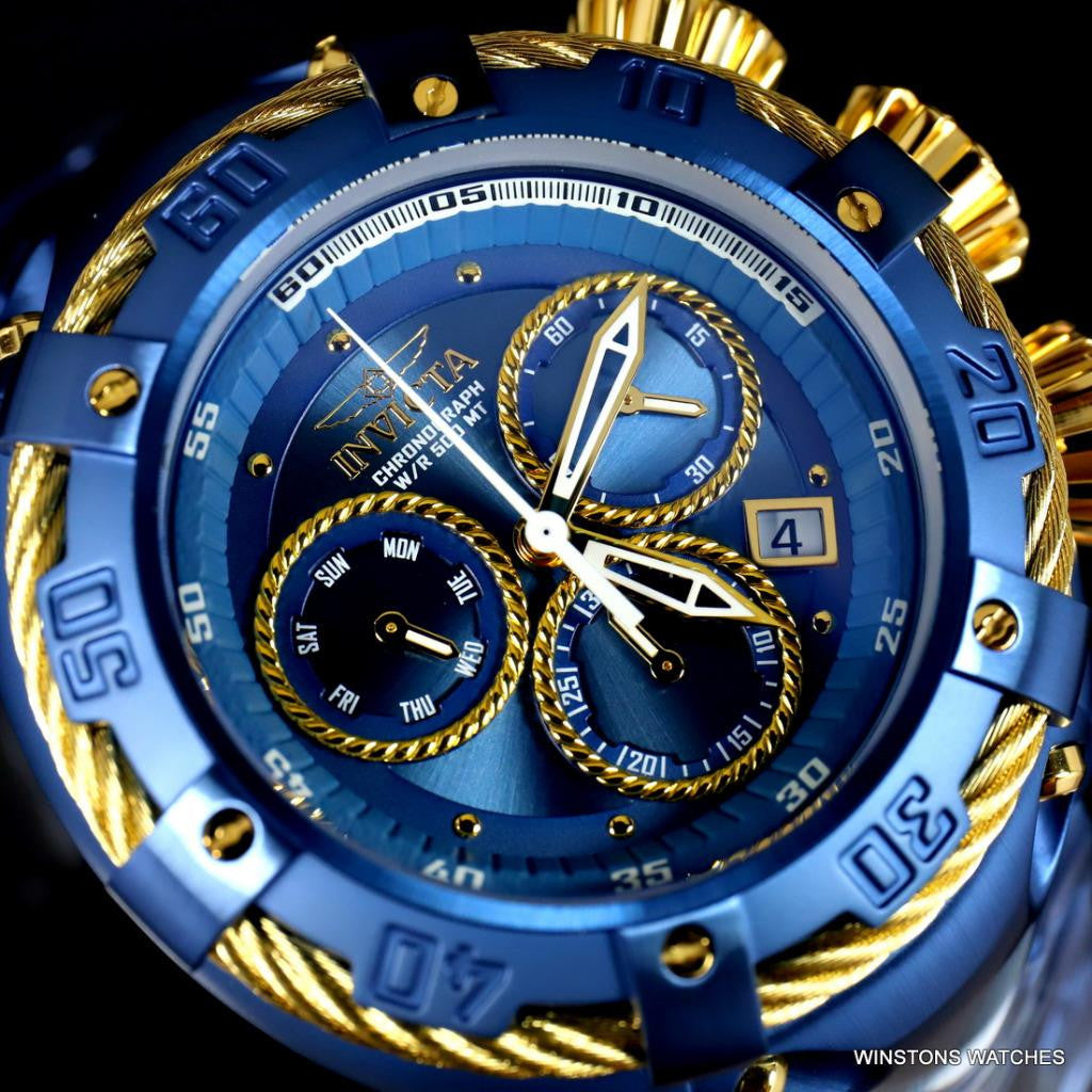 Invicta Thunderbolt Blue Stainless Steel Gold Tone Chronograph 52mm Watch New