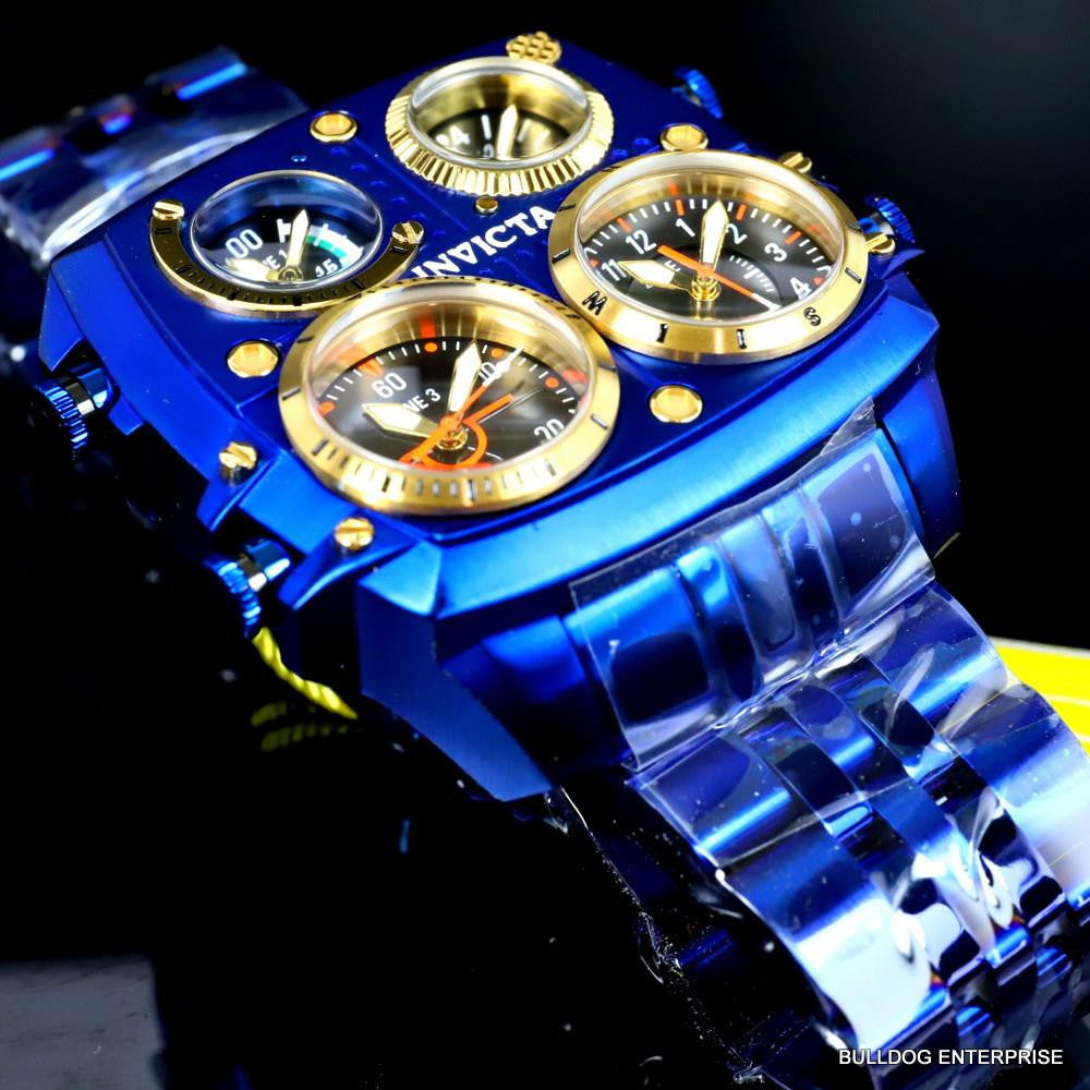 Invicta Aviator Zulu Blue Stainless Steel Bracelet Quad Time 50mm Watch New