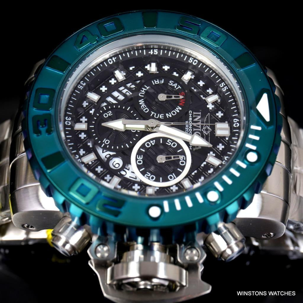 Invicta Sea Hunter II 70mm Black Chronograph Green Swiss Mvt Steel Watch New
