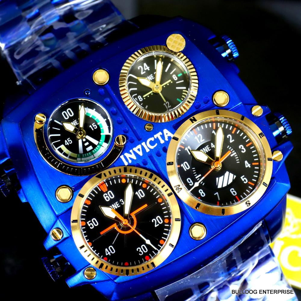 Invicta Aviator Zulu Blue Stainless Steel Bracelet Quad Time 50mm Watch New