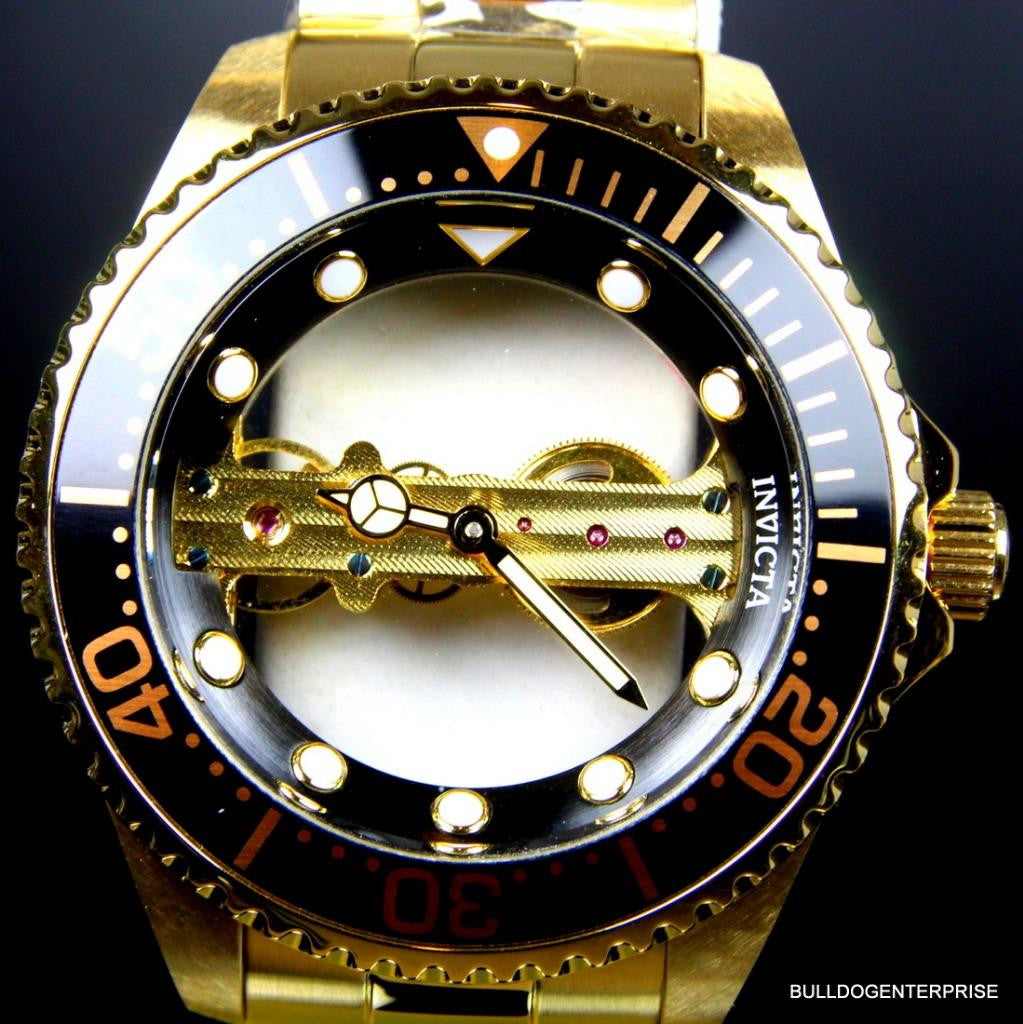 Invicta Pro Diver Ghost Bridge Mechanical Gold Plated Skeleton Black Watch New