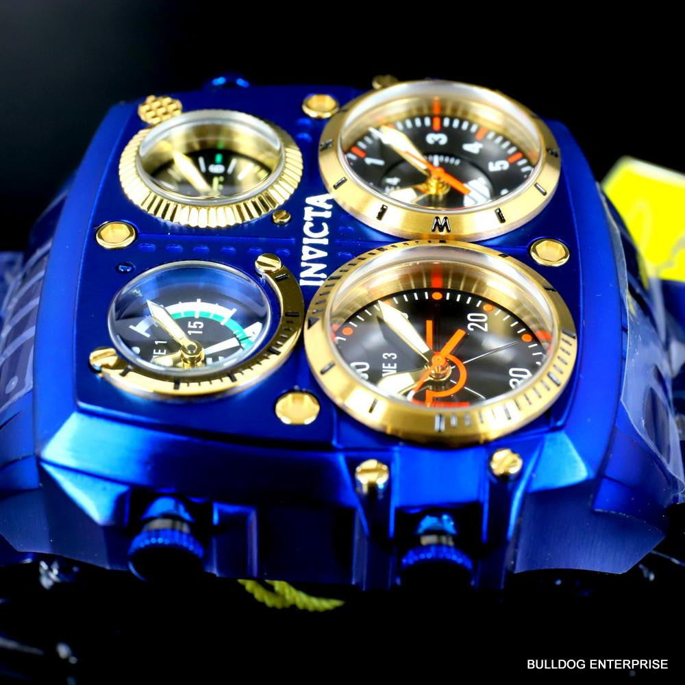 Invicta Aviator Zulu Blue Stainless Steel Bracelet Quad Time 50mm Watch New