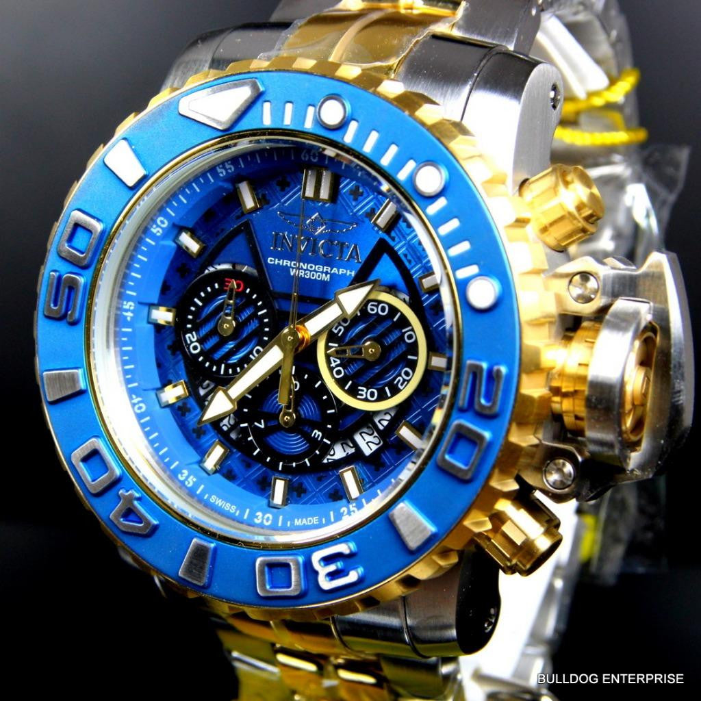 Invicta Sea Hunter III Blue 70mm Full Sized Swiss Two Tone Gold Plated Watch New