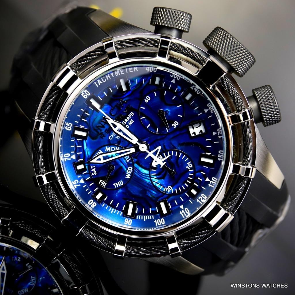 Invicta Reserve Bolt Sport Blue Abalone Black Cable 50mm Chronograph Watch New