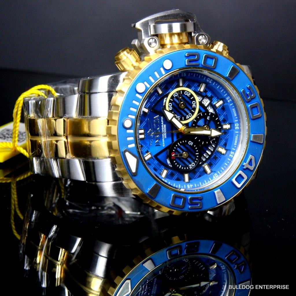 Invicta Sea Hunter III Blue 70mm Full Sized Swiss Two Tone Gold Plated Watch New