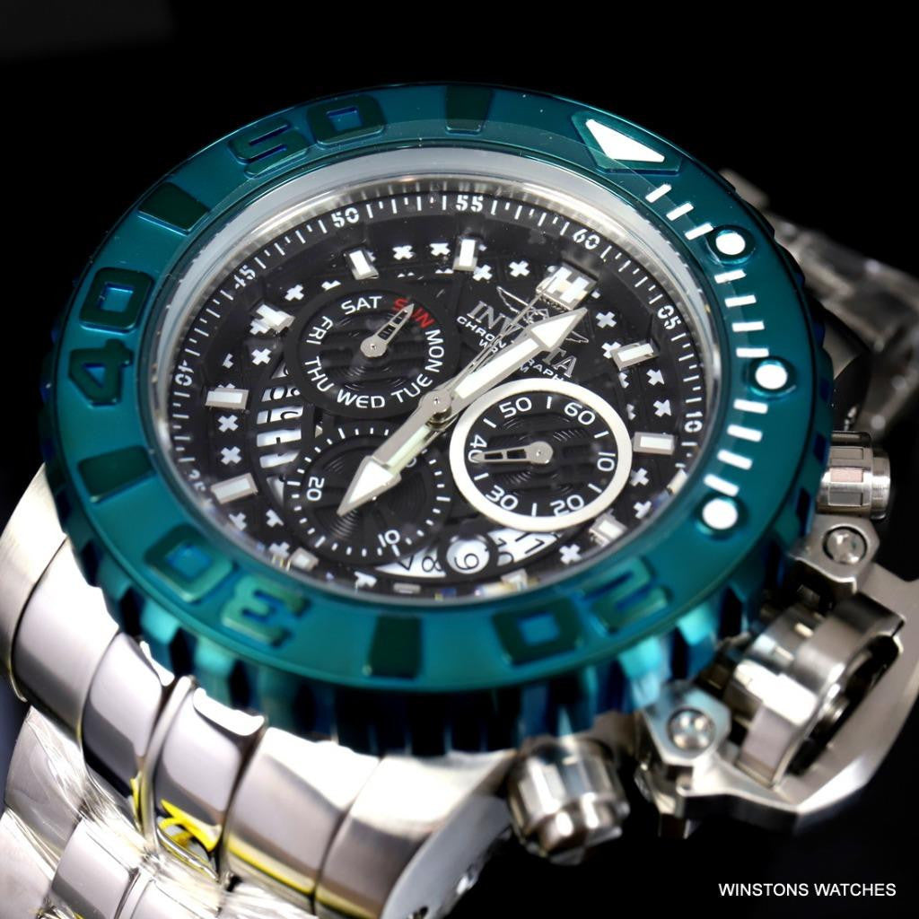 Invicta Sea Hunter II 70mm Black Chronograph Green Swiss Mvt Steel Watch New