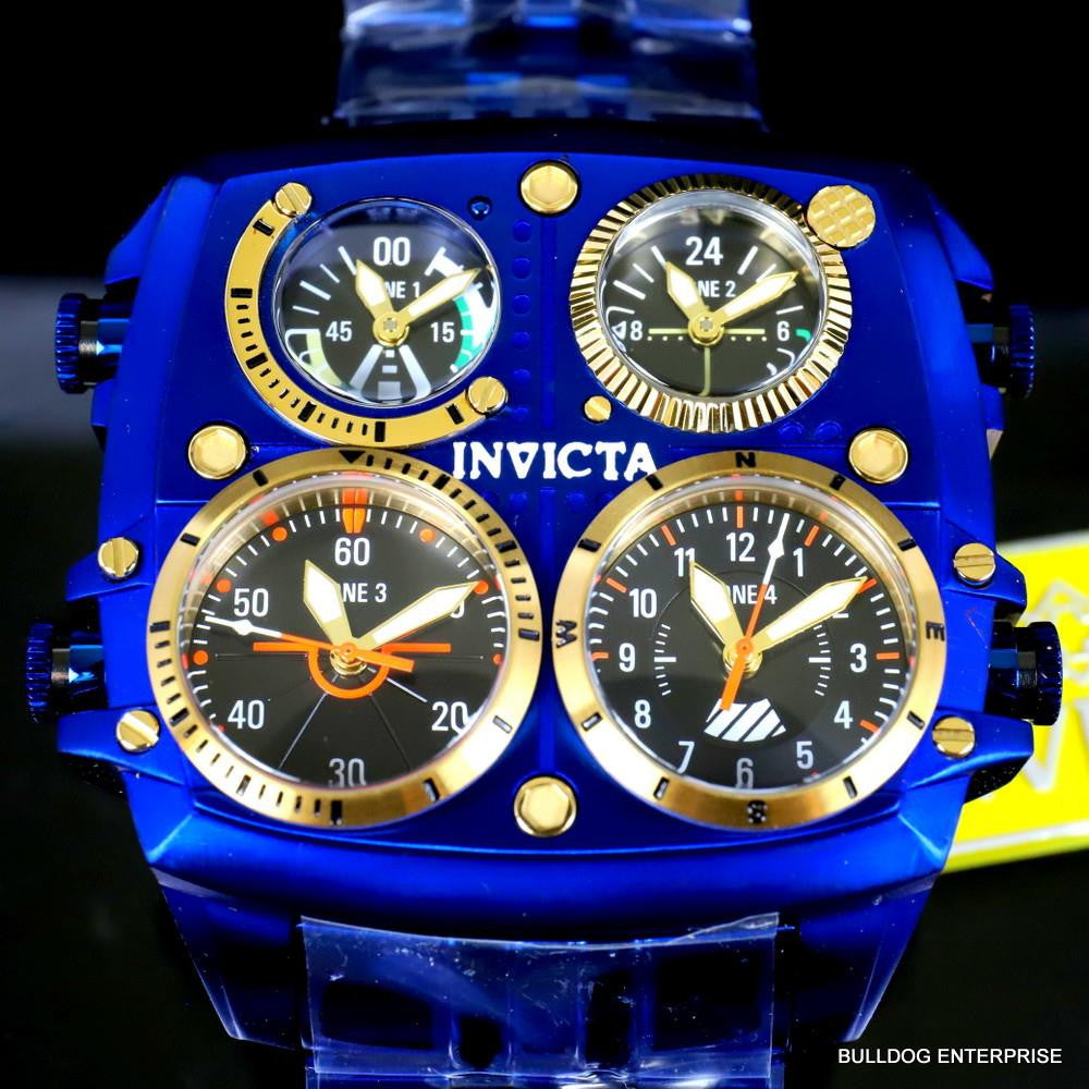 Invicta Aviator Zulu Blue Stainless Steel Bracelet Quad Time 50mm Watch New