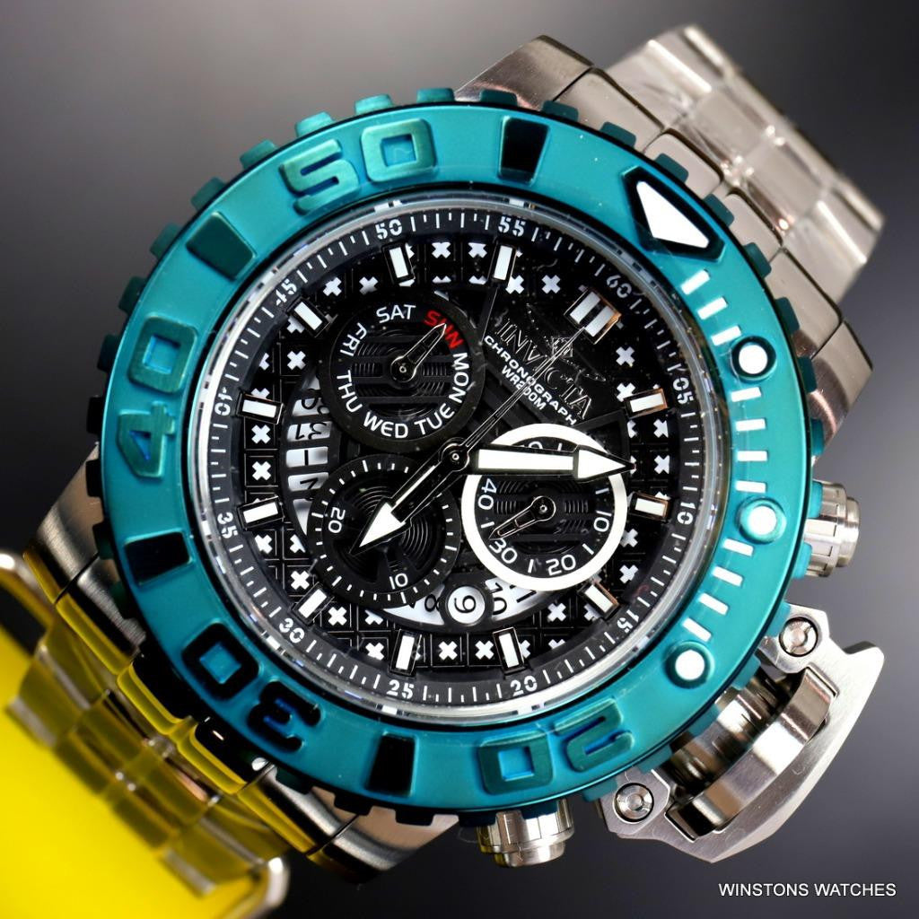 Invicta Sea Hunter II 70mm Black Chronograph Green Swiss Mvt Steel Watch New