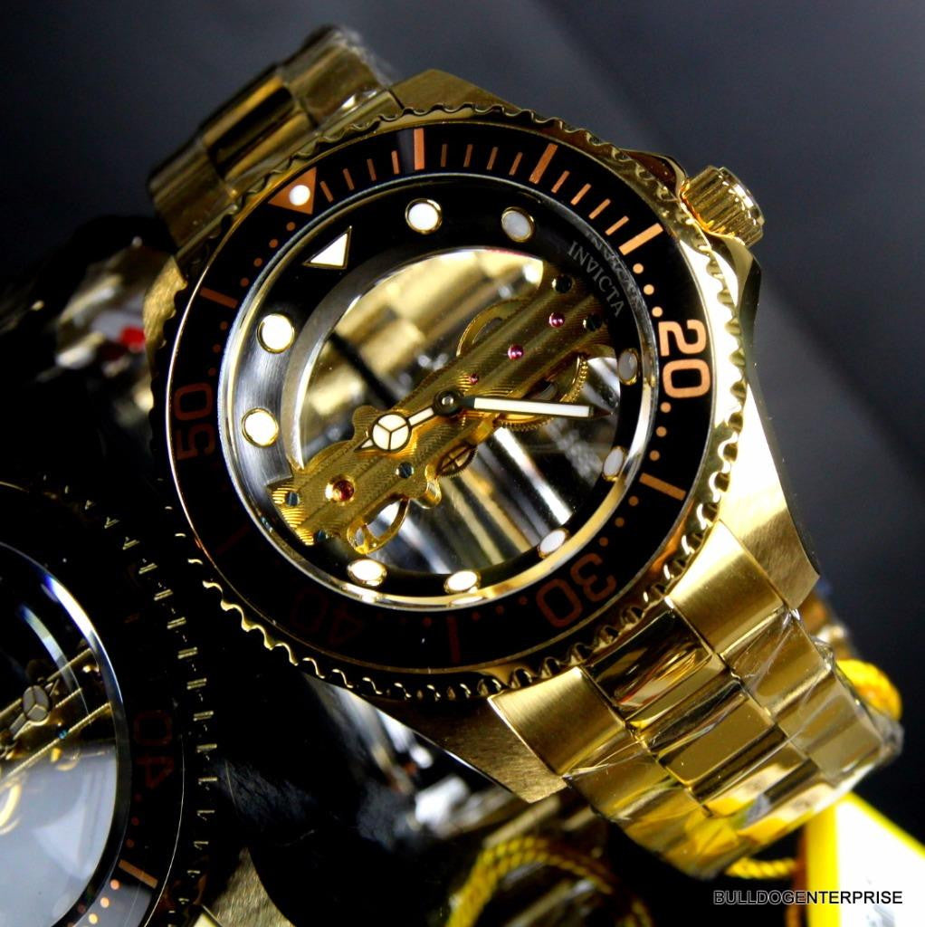 Invicta Pro Diver Ghost Bridge Mechanical Gold Plated Skeleton Black Watch New
