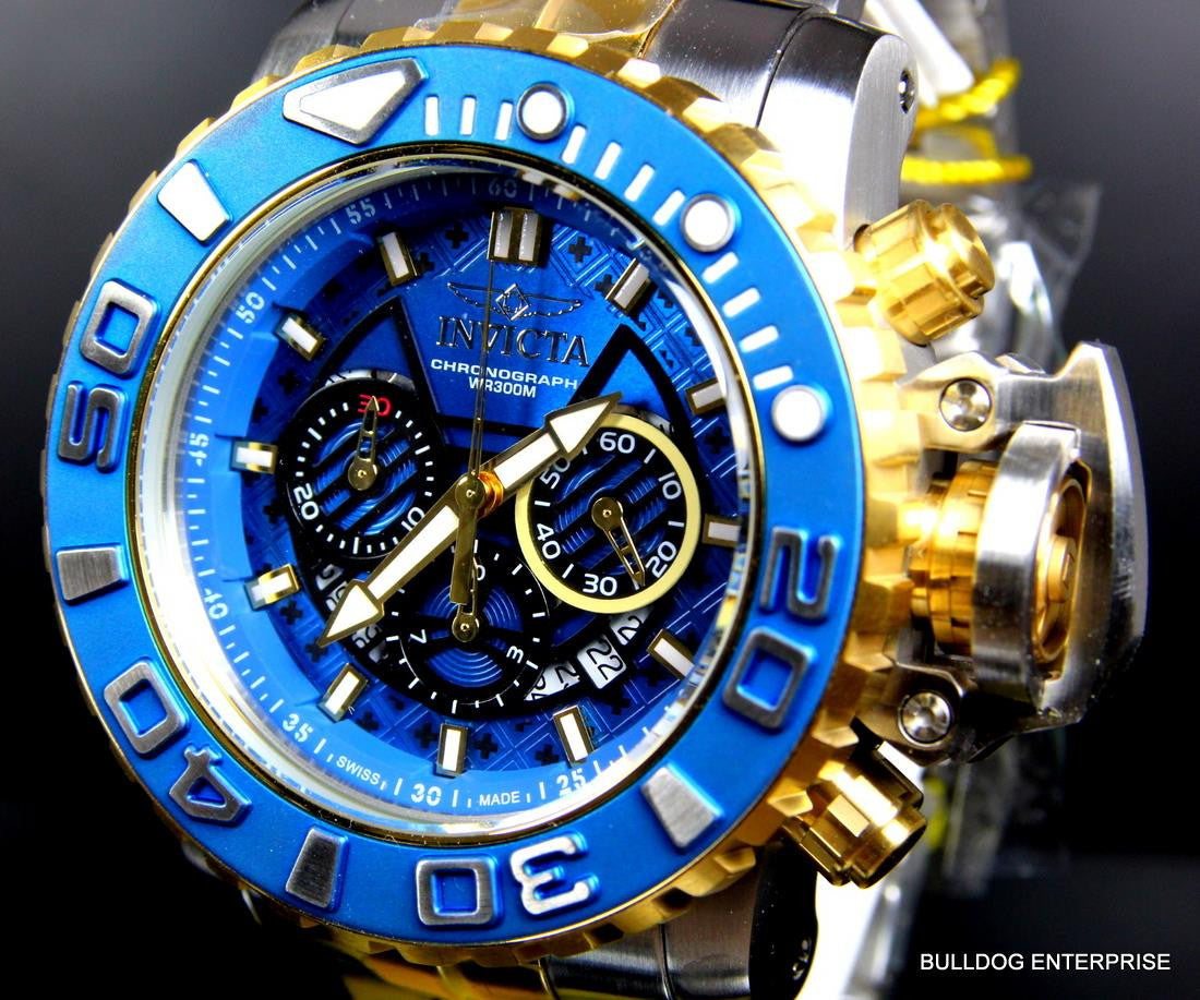 Invicta Sea Hunter III Blue 70mm Full Sized Swiss Two Tone Gold Plated Watch New