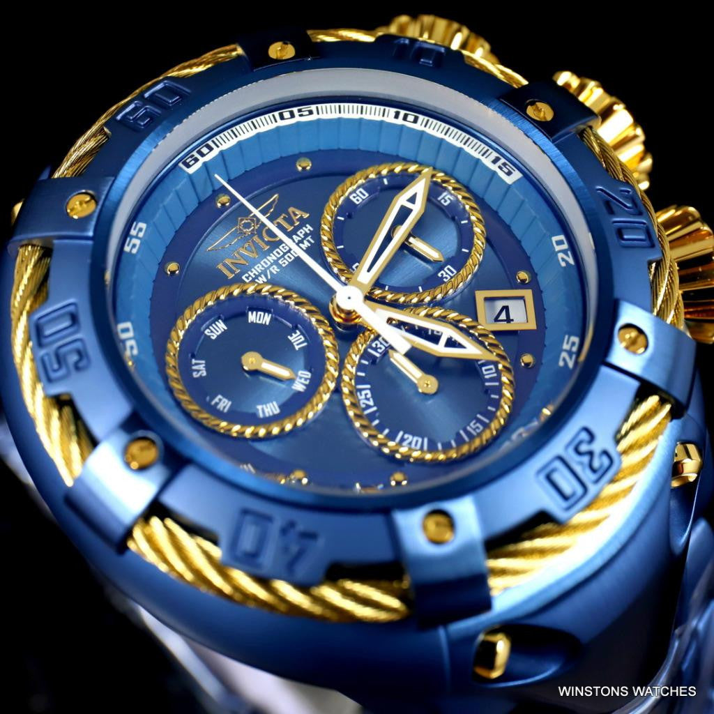 Invicta Thunderbolt Blue Stainless Steel Gold Tone Chronograph 52mm Watch New