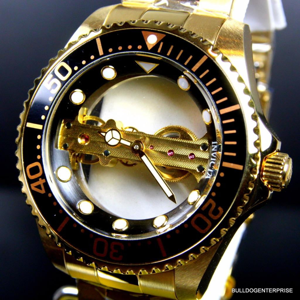 Invicta Pro Diver Ghost Bridge Mechanical Gold Plated Skeleton Black Watch New