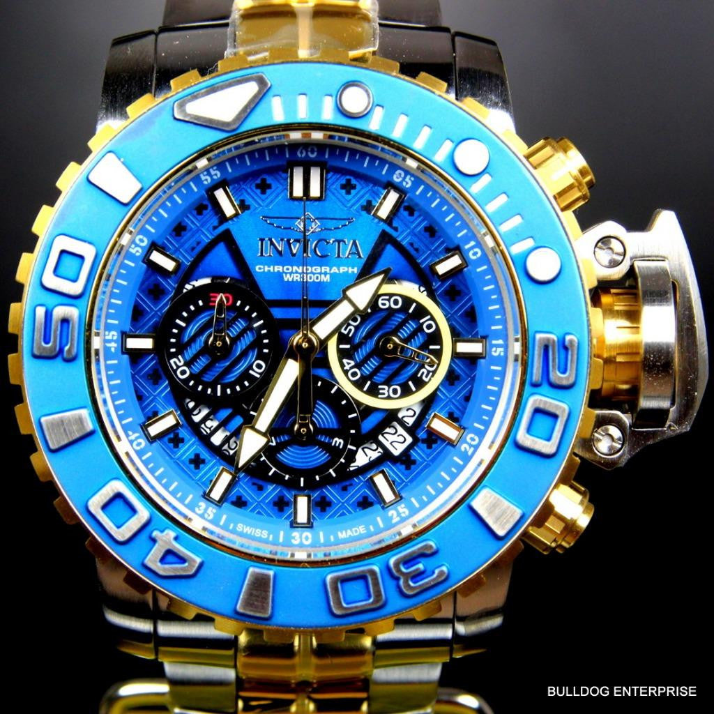 Invicta Sea Hunter III Blue 70mm Full Sized Swiss Two Tone Gold Plated Watch New