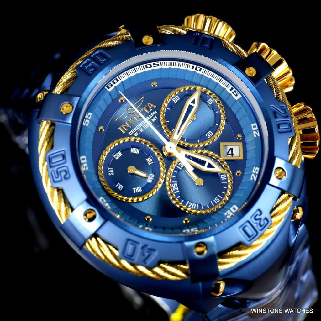 Invicta Thunderbolt Blue Stainless Steel Gold Tone Chronograph 52mm Watch New