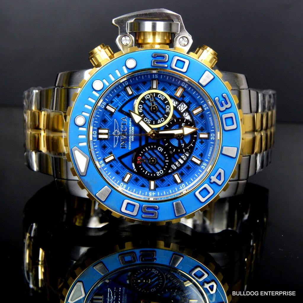 Invicta Sea Hunter III Blue 70mm Full Sized Swiss Two Tone Gold Plated Watch New