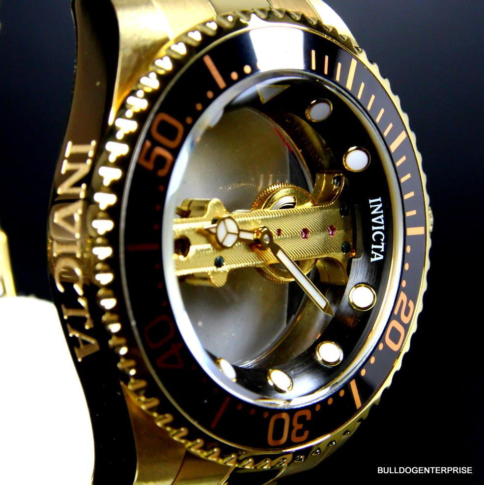 Invicta Pro Diver Ghost Bridge Mechanical Gold Plated Skeleton Black Watch New