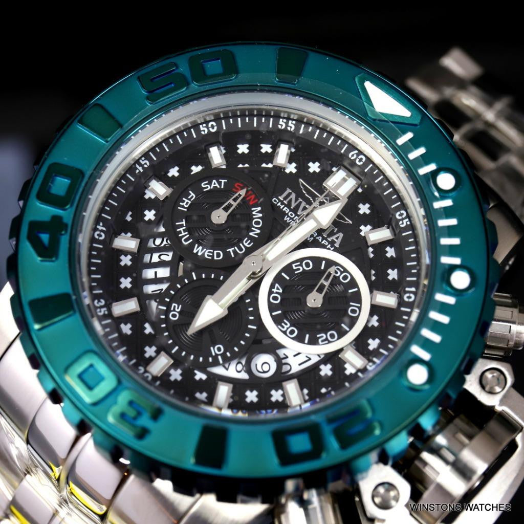 Invicta Sea Hunter II 70mm Black Chronograph Green Swiss Mvt Steel Watch New