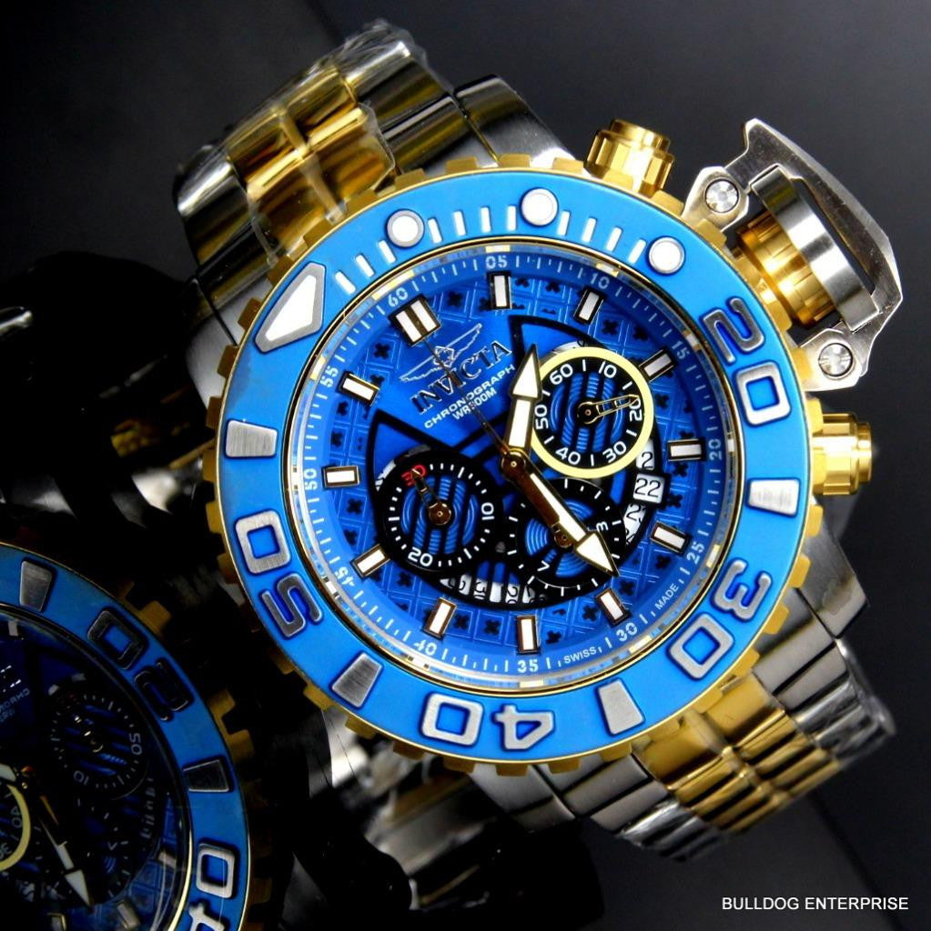 Invicta Sea Hunter III Blue 70mm Full Sized Swiss Two Tone Gold Plated Watch New