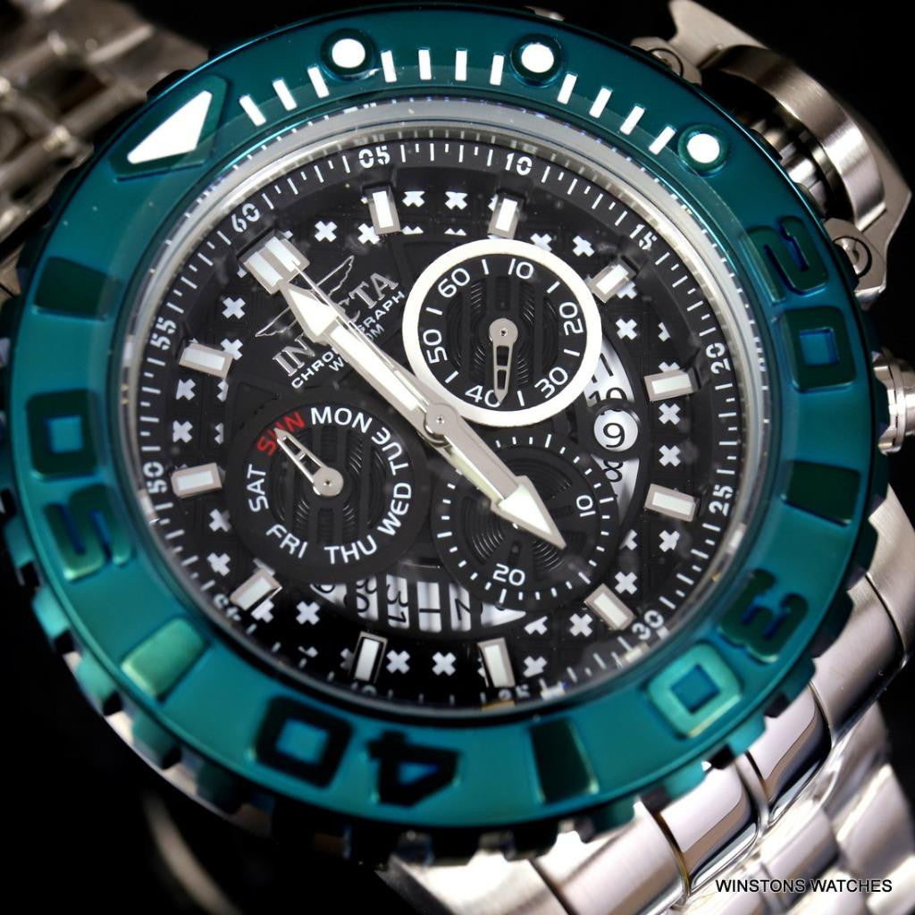 Invicta Sea Hunter II 70mm Black Chronograph Green Swiss Mvt Steel Watch New