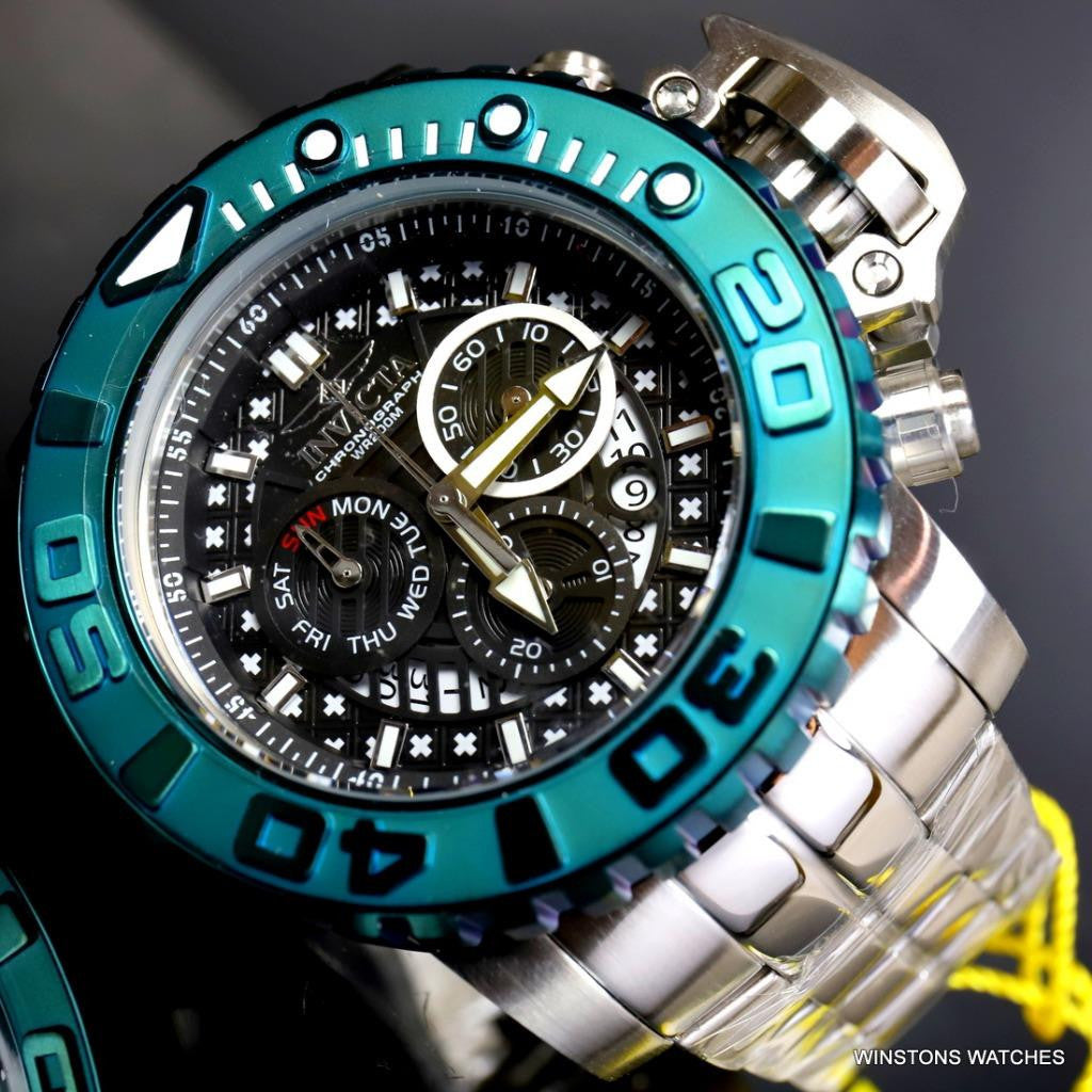 Invicta Sea Hunter II 70mm Black Chronograph Green Swiss Mvt Steel Watch New