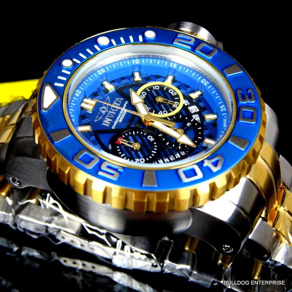 Invicta Sea Hunter III Blue 70mm Full Sized Swiss Two Tone Gold Plated Watch New