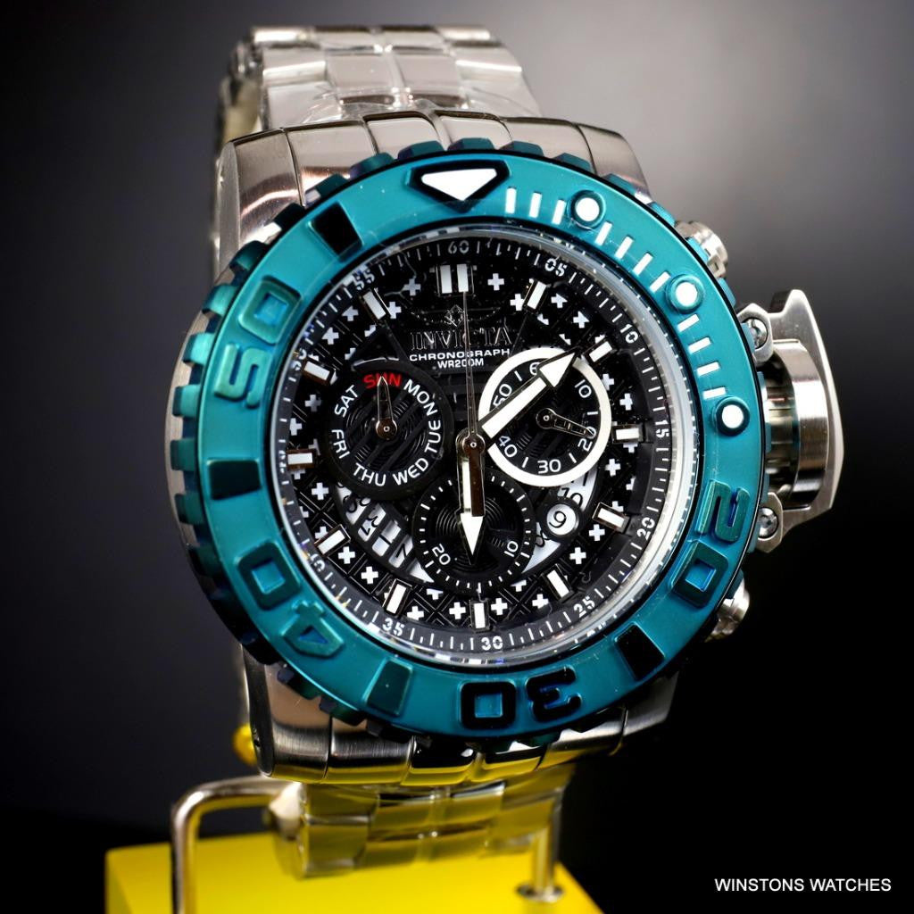 Invicta Sea Hunter II 70mm Black Chronograph Green Swiss Mvt Steel Watch New