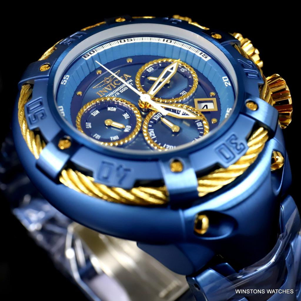 Invicta Thunderbolt Blue Stainless Steel Gold Tone Chronograph 52mm Watch New