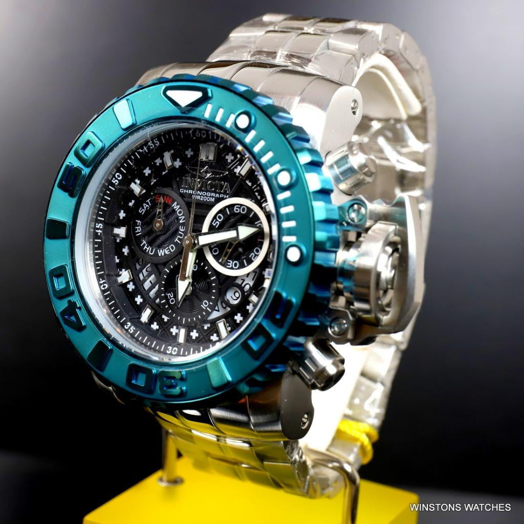 Invicta Sea Hunter II 70mm Black Chronograph Green Swiss Mvt Steel Watch New