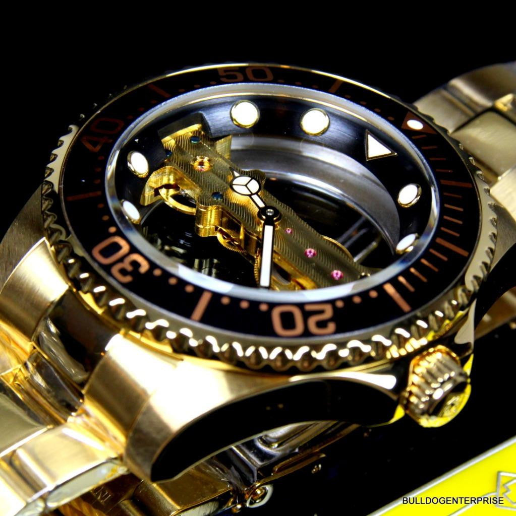 Invicta Pro Diver Ghost Bridge Mechanical Gold Plated Skeleton Black Watch New