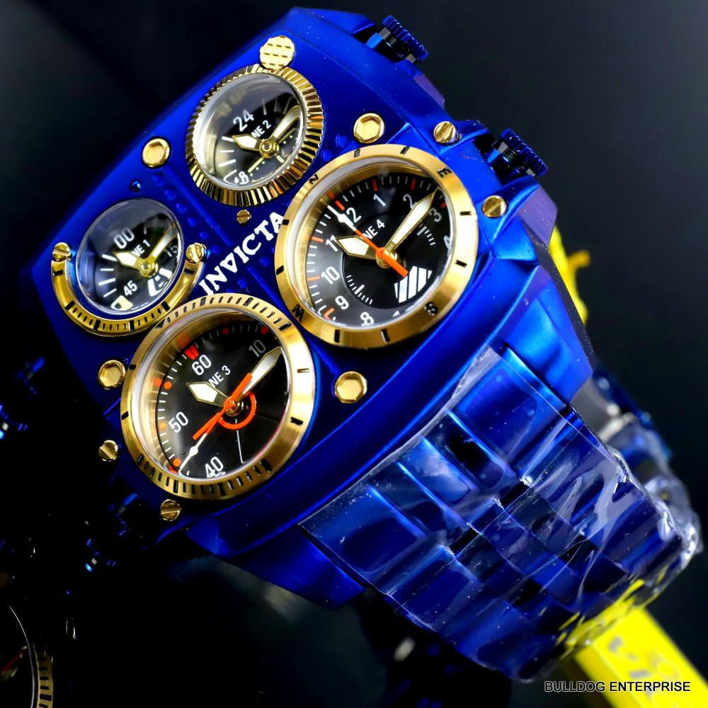 Invicta Aviator Zulu Blue Stainless Steel Bracelet Quad Time 50mm Watch New