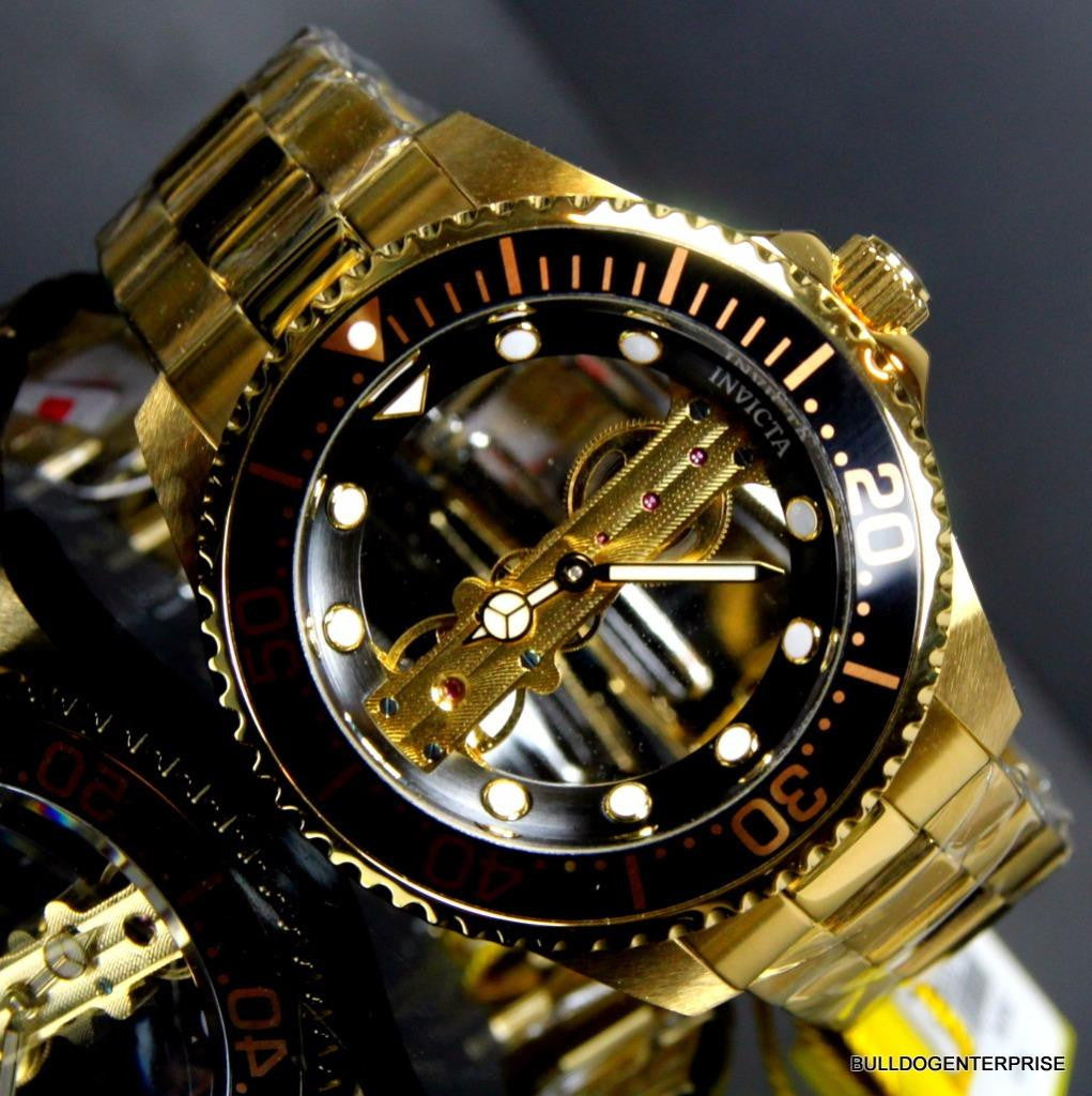 Invicta Pro Diver Ghost Bridge Mechanical Gold Plated Skeleton Black Watch New
