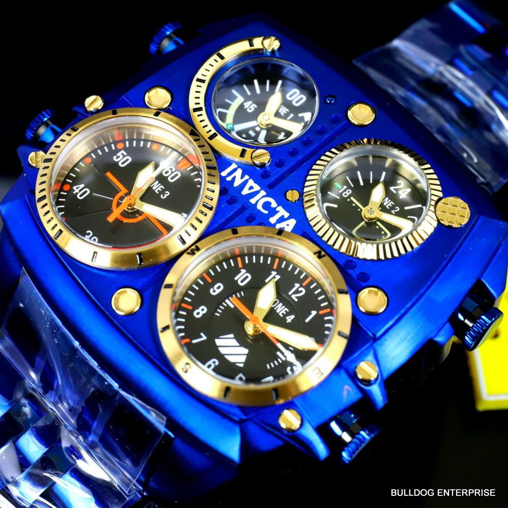 Invicta Aviator Zulu Blue Stainless Steel Bracelet Quad Time 50mm Watch New