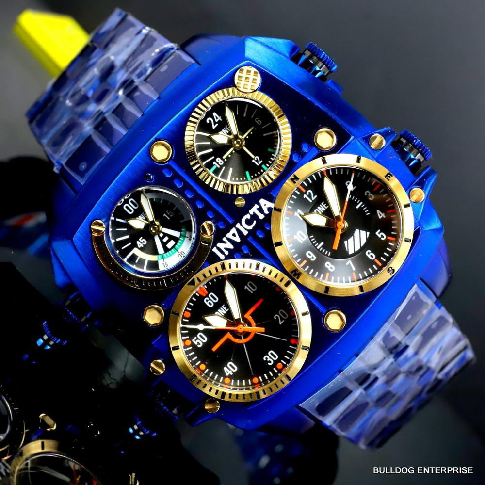 Invicta Aviator Zulu Blue Stainless Steel Bracelet Quad Time 50mm Watch New