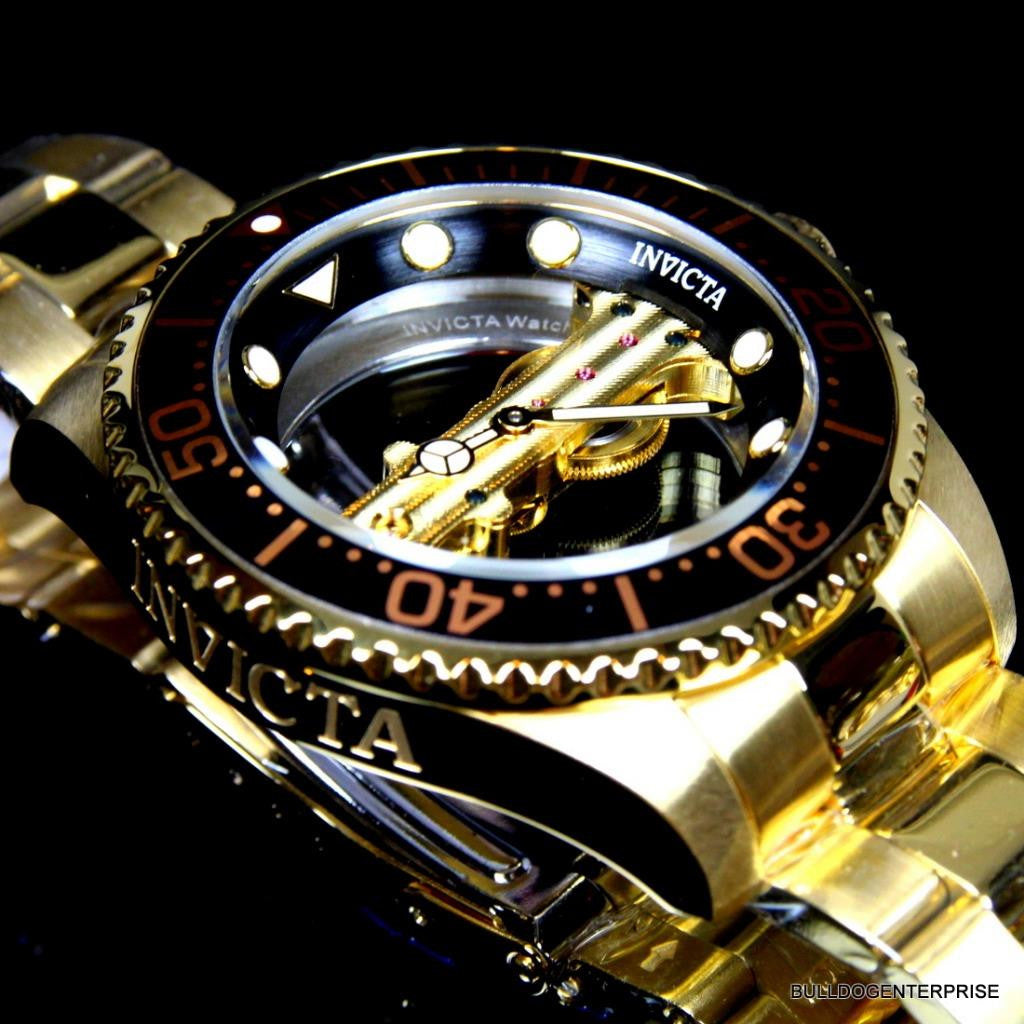 Invicta Pro Diver Ghost Bridge Mechanical Gold Plated Skeleton Black Watch New