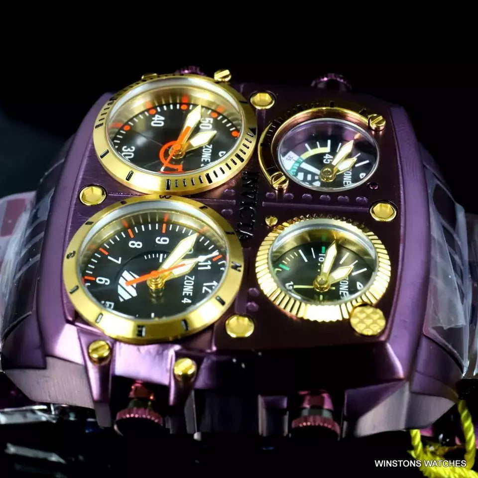 Invicta Aviator Zulu Purple Stainless Steel Bracelet Quad Time 50mm Watch New