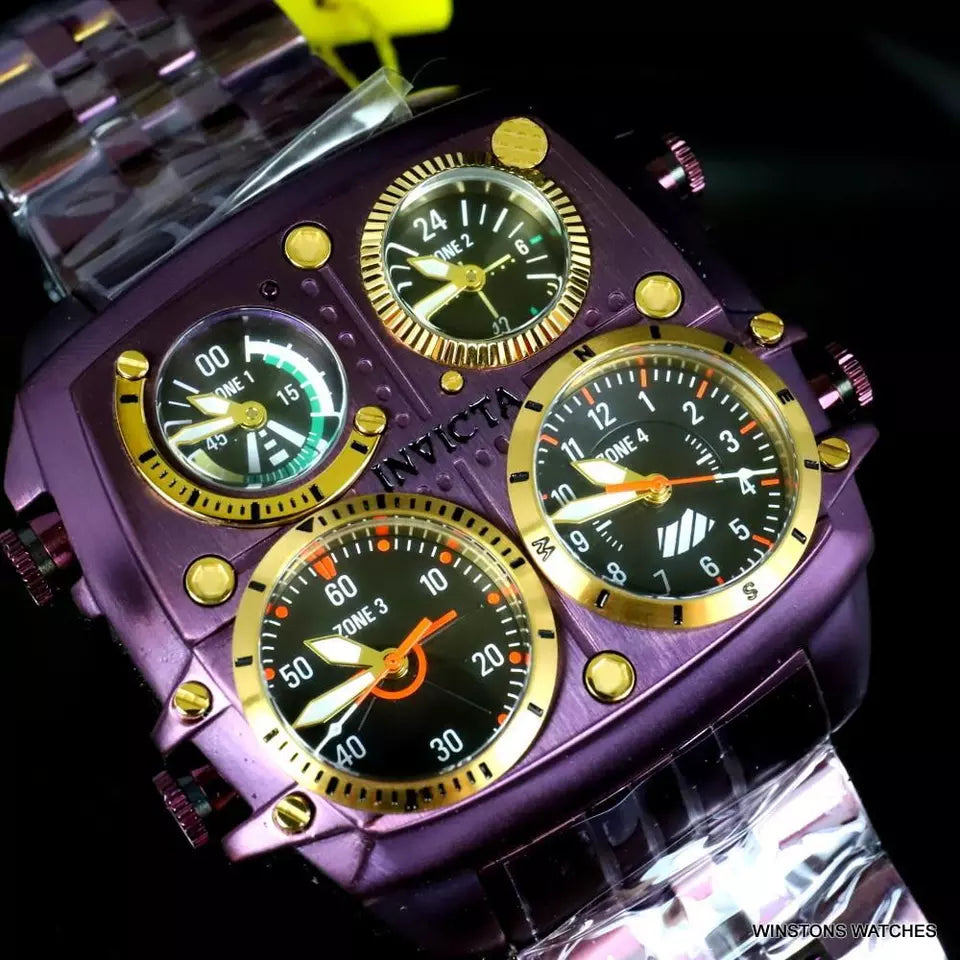Invicta Aviator Zulu Purple Stainless Steel Bracelet Quad Time 50mm Watch New