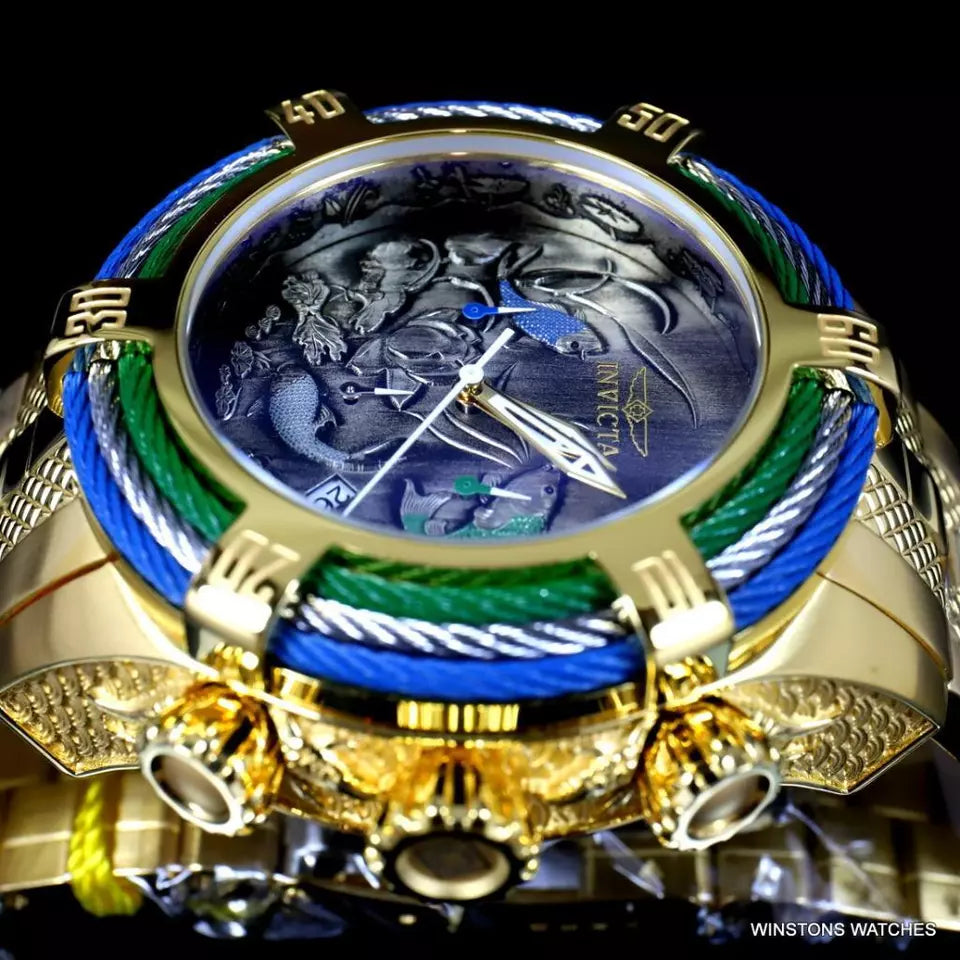 Invicta Bolt Tri Cable Green Blue Koi 54mm Gold Plated Steel Chrono Watch New