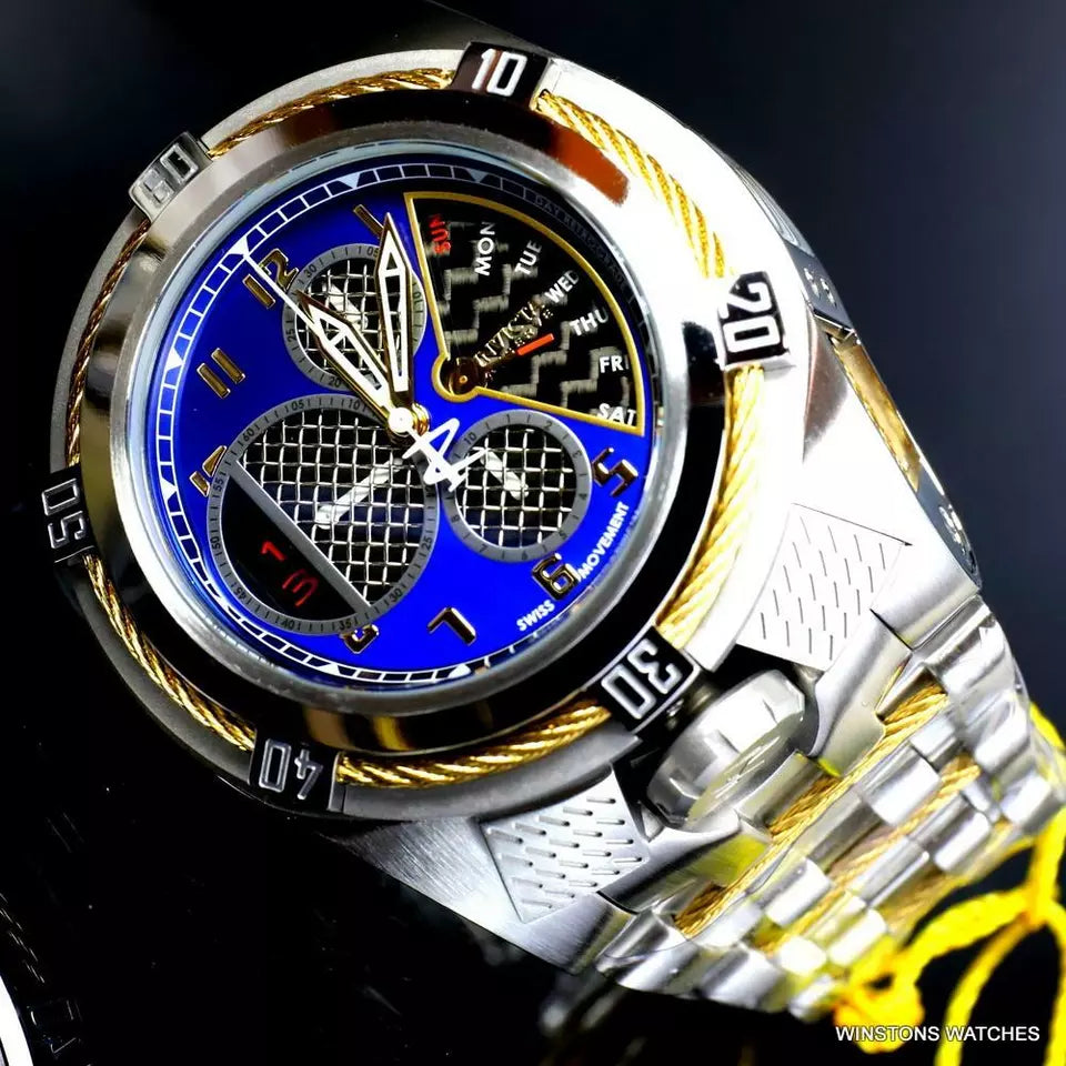 Invicta Bolt Zeus Tria Twisted Metal Steel 3 Swiss Dials Blue 52mm Watch New
