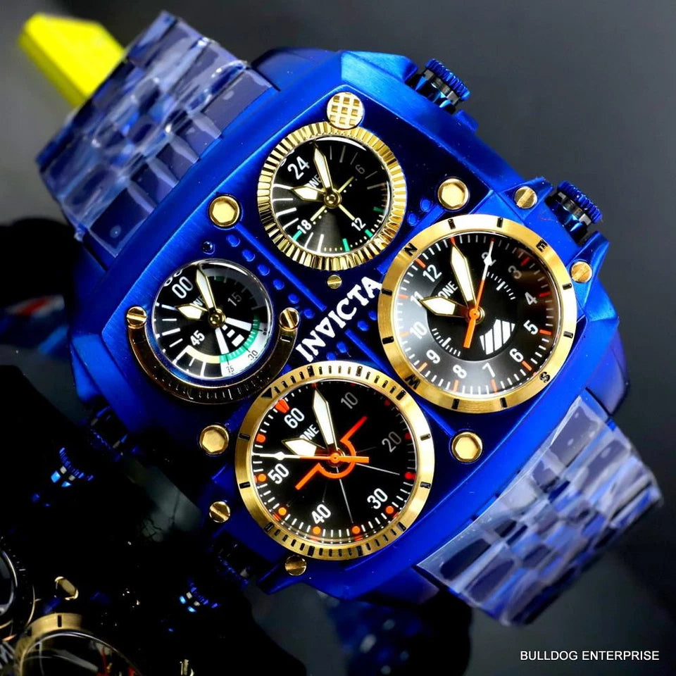 Invicta Aviator Zulu Blue Stainless Steel Bracelet Quad Time 50mm Watch New