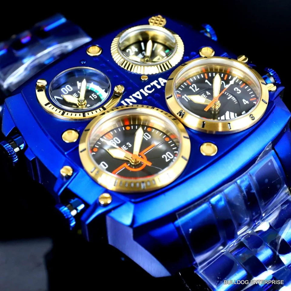 Invicta Aviator Zulu Blue Stainless Steel Bracelet Quad Time 50mm Watch New
