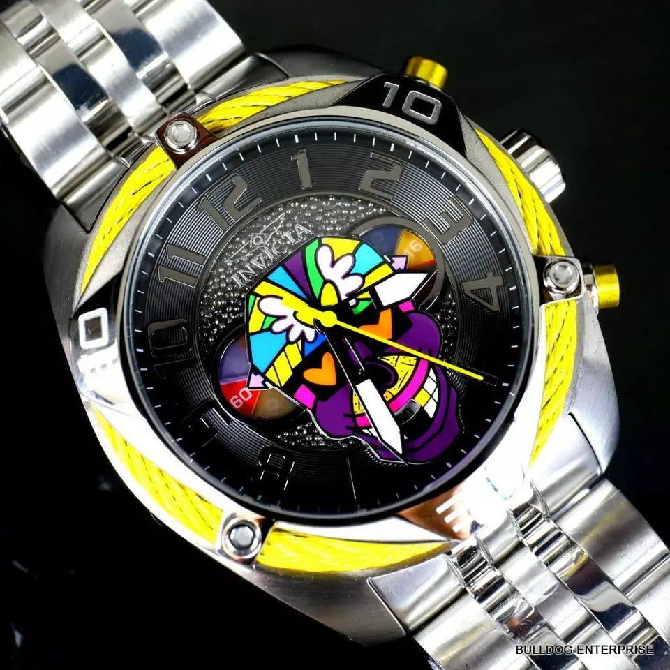Invicta Britto Bolt Skull Silver Tone Stainless Steel Chronograph 47mm Watch New